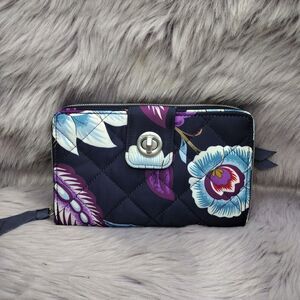 Vera Bradley RFID Turnlock & Zip Wallet - Mayfair in Bloom Navy Blue Twill